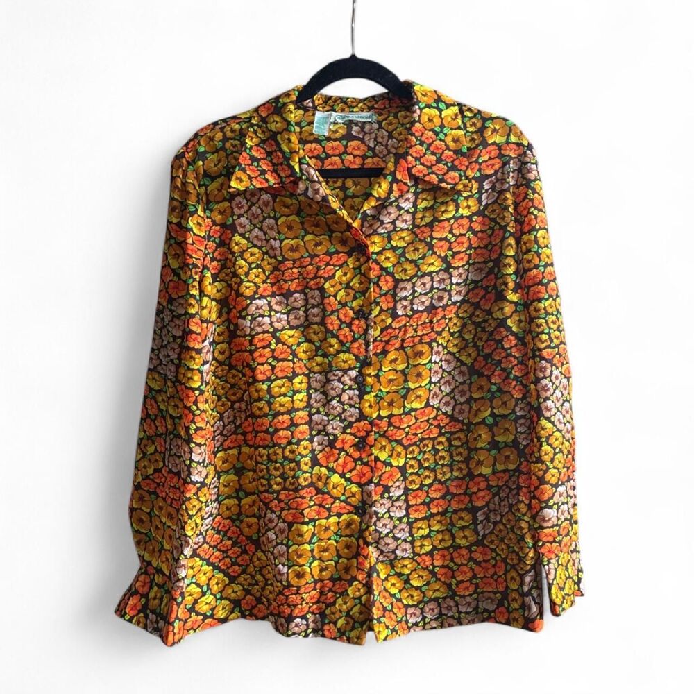 Vintage 70s Alex Colman Button Up in Orange, Brown, and Yellow Floral Print